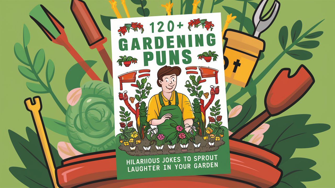 A vibrant and humorous book cover featuring a gardener surrounded by various plants and tools. The title reads, "120+ Gardening Puns:Hilarious Jokes to Sprout Laughter in Your Garden." In the background, there are pun-themed illustrations of gardening tools and plants, adding a playful touch. The overall design is eye-catching and sure to bring a smile to any gardening enthusiast.