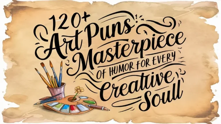 A beautifully designed image features the text "120+ Art Puns: A Masterpiece of Humor for Every Creative Soul" written in flowing, elegant script. The text is placed on a parchment-like background with a subtle watercolor wash, giving it a vintage and whimsical feel. A palette of paintbrushes, pencils, and a small vase with a single flower are at the bottom, adding a touch of creativity and artistic flair to the design.