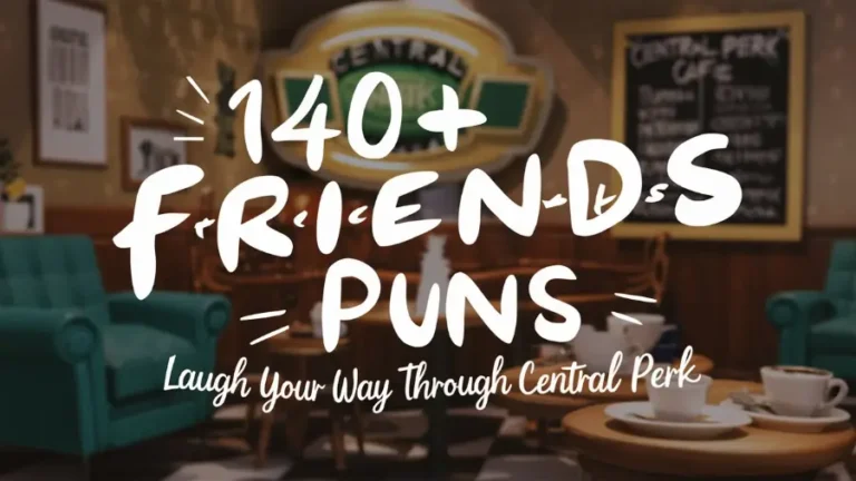 A beautifully designed image featuring the text "140+ Friends Puns: Laugh Your Way Through Central Perk" written in a playful, modern font. The background is a nostalgic Central Perk café setting with iconic furniture and accessories such as the green armchairs, coffee cups, and a chalkboard menu. The overall ambiance of the image is warm, inviting, and humorous, perfect for Friends fans who enjoy a good pun.