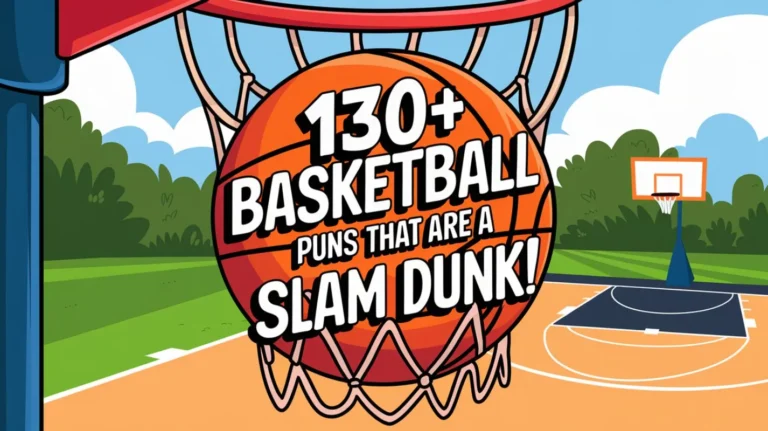 A cartoon illustration of a basketball with the text "130+ Basketball Puns That Are a Slam Dunk!" written on it. The basketball is inside a net hanging on a pole. There is a basketball court in the background with a few basketball hoops. The background is a sunny day with clear skies and green grass.