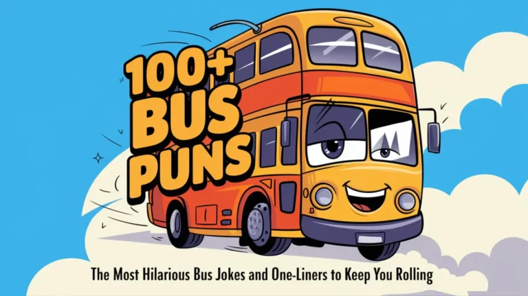 A cartoon illustration of a bus with the text "100+ Bus Puns: The Most Hilarious Bus Jokes and One-Liners to Keep You Rolling". The bus is driving on a cloud with a smiling face. The background is a bright blue sky with fluffy white clouds.