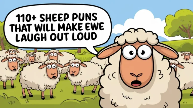 A cartoon of a sheep with a shocked expression, standing in a field of other sheep. There is a speech bubble coming from the sheep, containing the text "110+ Sheep Puns That Will Make Ewe Laugh Out Loud". The background is a green field with a few trees.