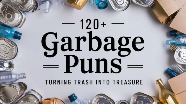 A clean and visually appealing image with the text "120+ Garbage Puns: Turning Trash into Treasure" written in a creative and legible font. The text is centered and slightly larger than the surrounding elements. The background features a blend of recyclable materials, such as aluminum cans, plastic bottles, and cardboard, arranged in a semi-abstract manner. The overall effect is a clever and eye-catching design that highlights the pun-filled content of the book.