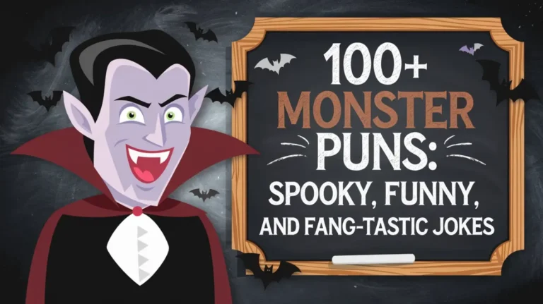 A comedic image of a vampire with a bad pun on a chalkboard. The vampire has fangs and is wearing a cape. The chalkboard says "100+ Monster Puns: Spooky, Funny, and Fang-tastic Jokes". The background is dark and there are bats flying around.