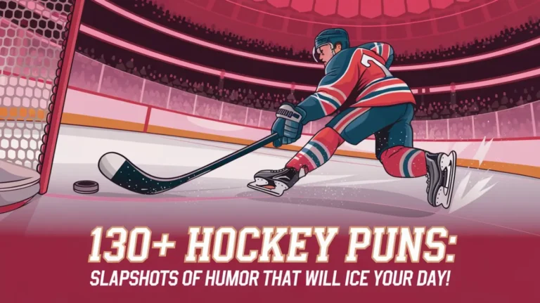 A dynamic illustration of a hockey game in progress, with a hockey player taking a slapshot. The puck is flying towards the goal. The background is a hockey arena filled with spectators. The text "130+ Hockey Puns: Slapshots of Humor That Will Ice Your Day!" is written in bold, white letters at the bottom.