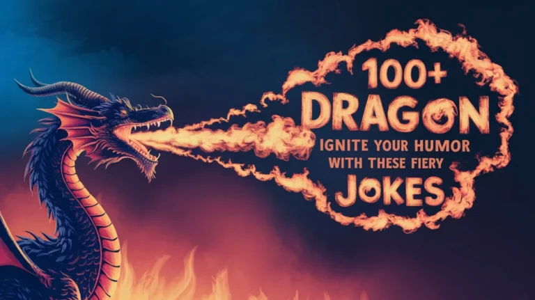 A fiery image of a dragon breathing out a large cloud of smoke. The smoke forms the text "100+ Dragon Puns: Ignite Your Humor with These Fiery Jokes". The background is a dark, smoky sky.