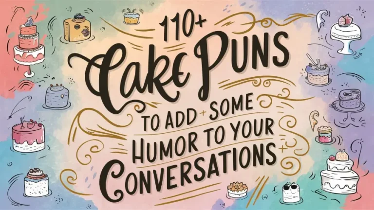 A visually appealing and eye-catching image featuring the text "110+ Cake Puns to Add Some Humor to Your Conversations", written in a creative and playful font. The background is a delightful blend of pastel colors, with whimsical cake illustrations and puns scattered across the design. The overall feel of the image is light-hearted and humorous, perfect for anyone looking to infuse some fun into their conversations.