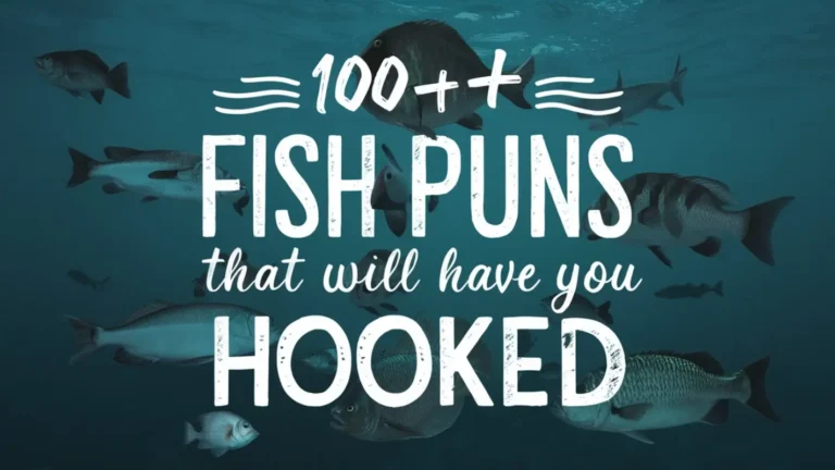 A visually appealing image displaying the text "100+ Fish Puns That Will Have You Hooked" written in a creative and engaging font. The background is a serene underwater scene with a variety of fish swimming around, their fins gently moving in the water. The overall ambiance of the image is lighthearted and fun, perfect for engaging readers with a love for clever wordplay.