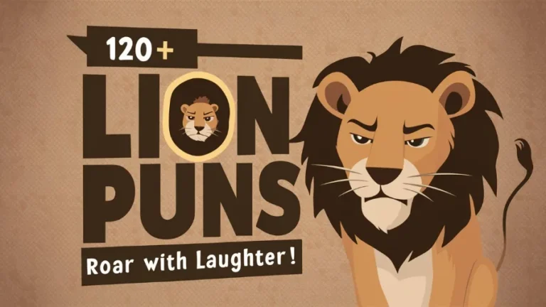 A visually appealing image with the text "120+ Lion Puns: Roar with Laughter!" prominently displayed. The text is written in a creative,cursive font, with a playful lion illustration accompanying it. The lion is dressed in a pun-themed t-shirt, showcasing its fun and comedic nature. The background is a vibrant, colorful design that complements the overall theme and adds to the light-hearted atmosphere.