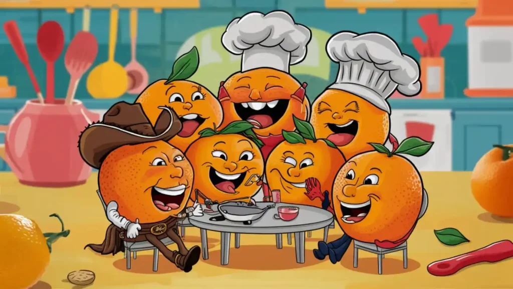 A playful illustration of cartoon oranges doing silly things