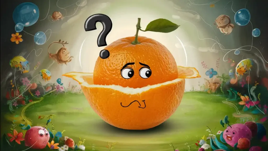 A visual riddle, maybe with a question mark over an orange