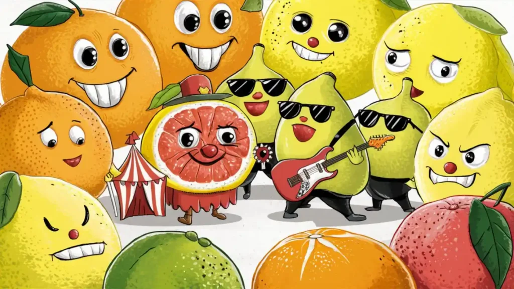 An image of various citrus fruits together, perhaps with a funny twist