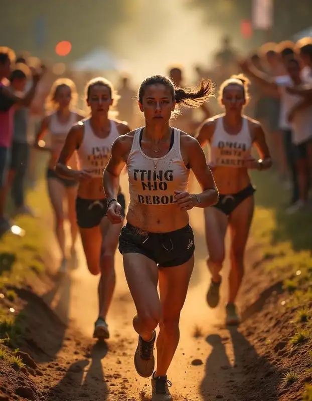 A fierce group of female runners, mud-streaked with empowering slogans, surrounded by cheering fans.