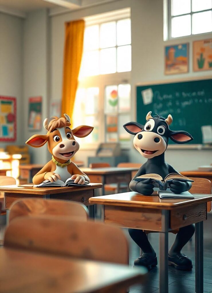 Cartoon cows enjoying a day in a classroom