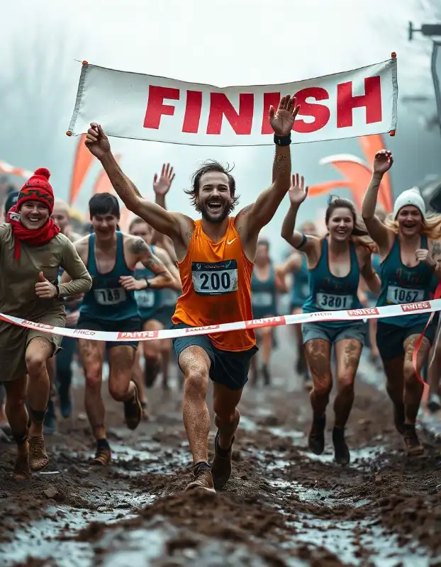 Cartoonish, muddy-spirited team joyously crossing the finish line