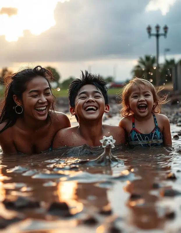 Smiling mud puddles interacting with a passing cloud raining laughter.