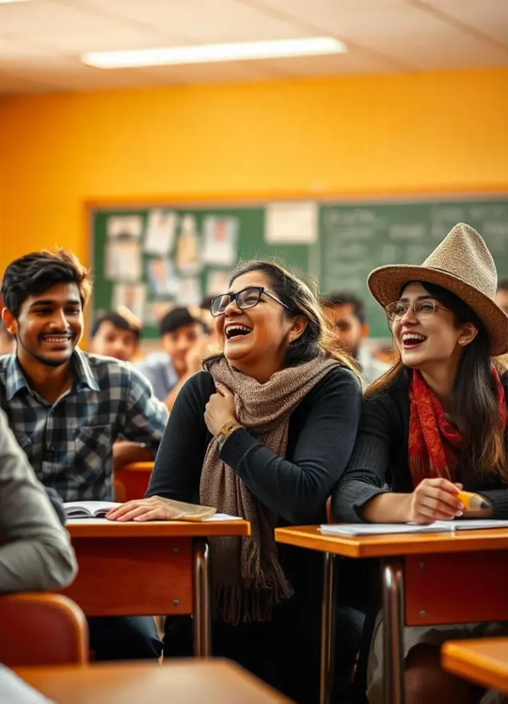 Students sitting in a classroom laughing