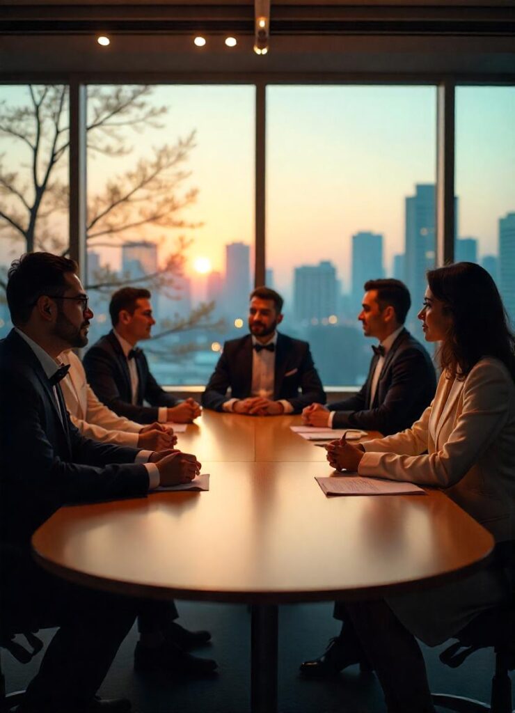 boardroom filled with business people wearing bow