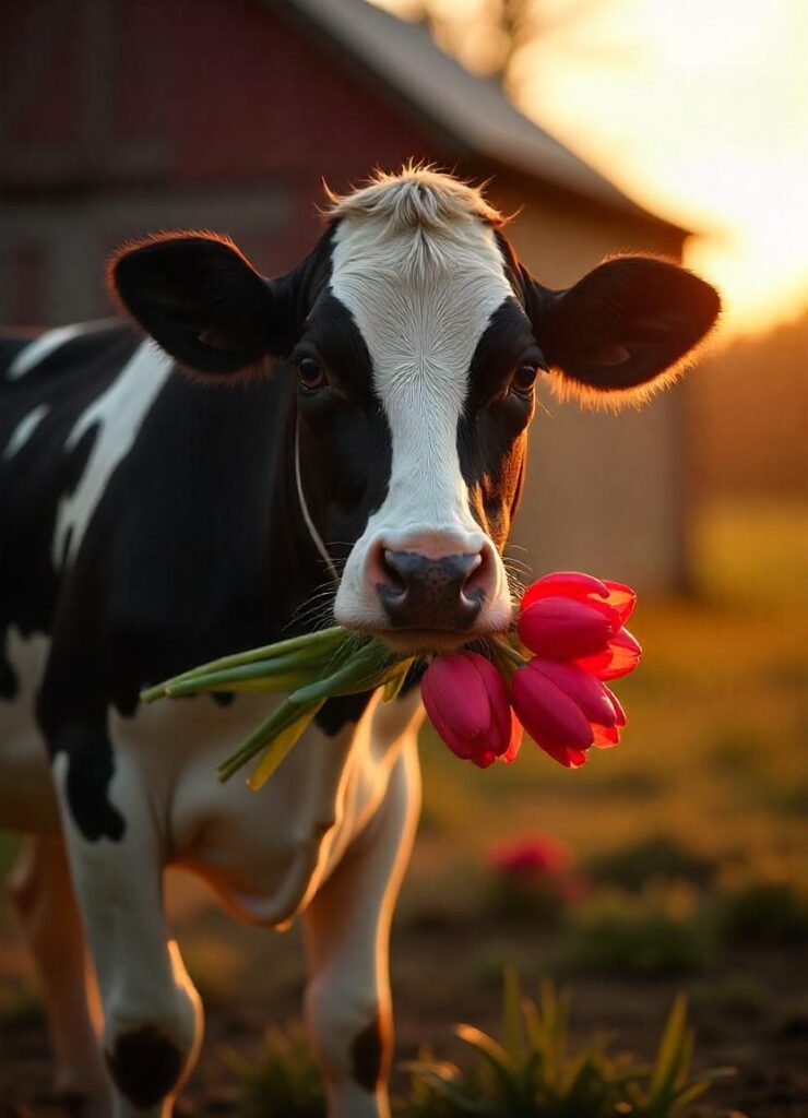 Personalized thank you cards with cows holding flowers.