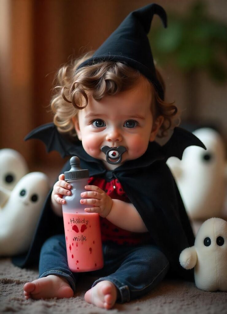 cartoon vampire toddler holding a “blood milk”