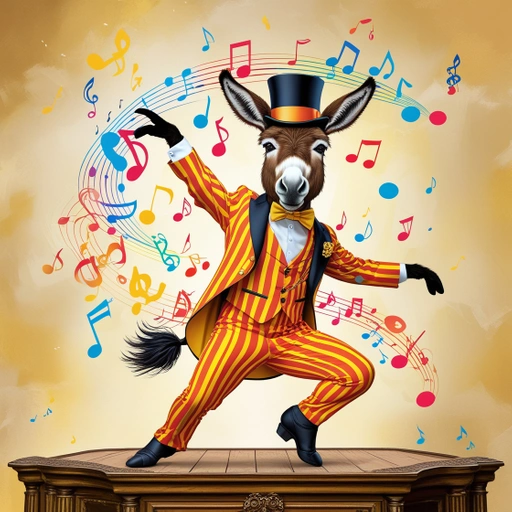 A whimsical scene featuring a donkey in snazzy attire, performing a dance move, with musical notes floating around.