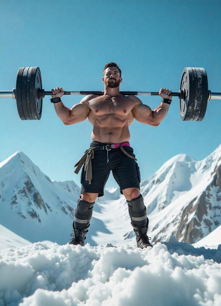 gigantic barbell with mountain peaks