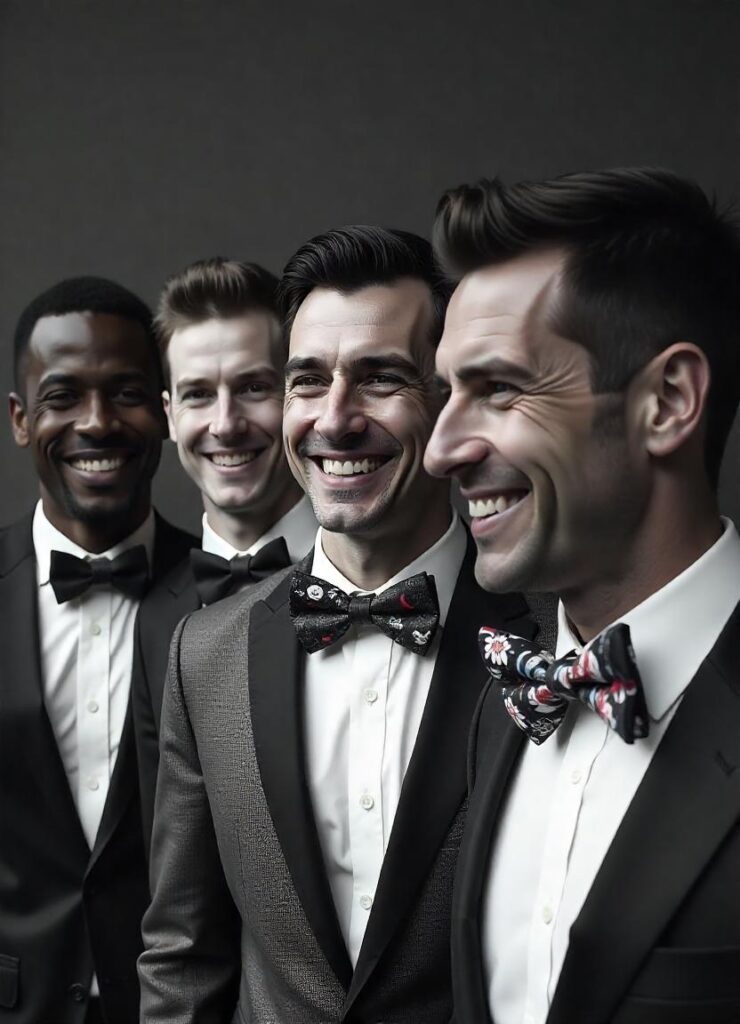 lineup of people in bow ties, each character