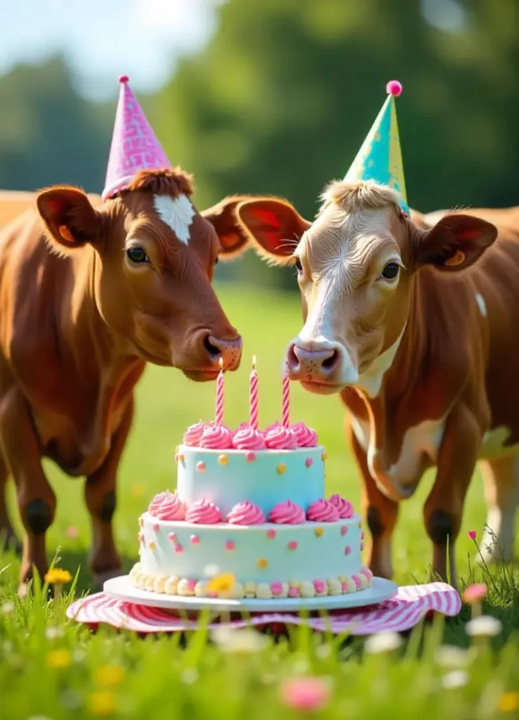 lively birthday party scene with cows wearing party hats