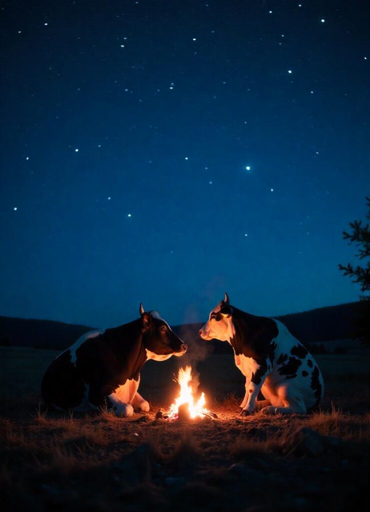 night sky with glowing stars, cows sitting around a campfire