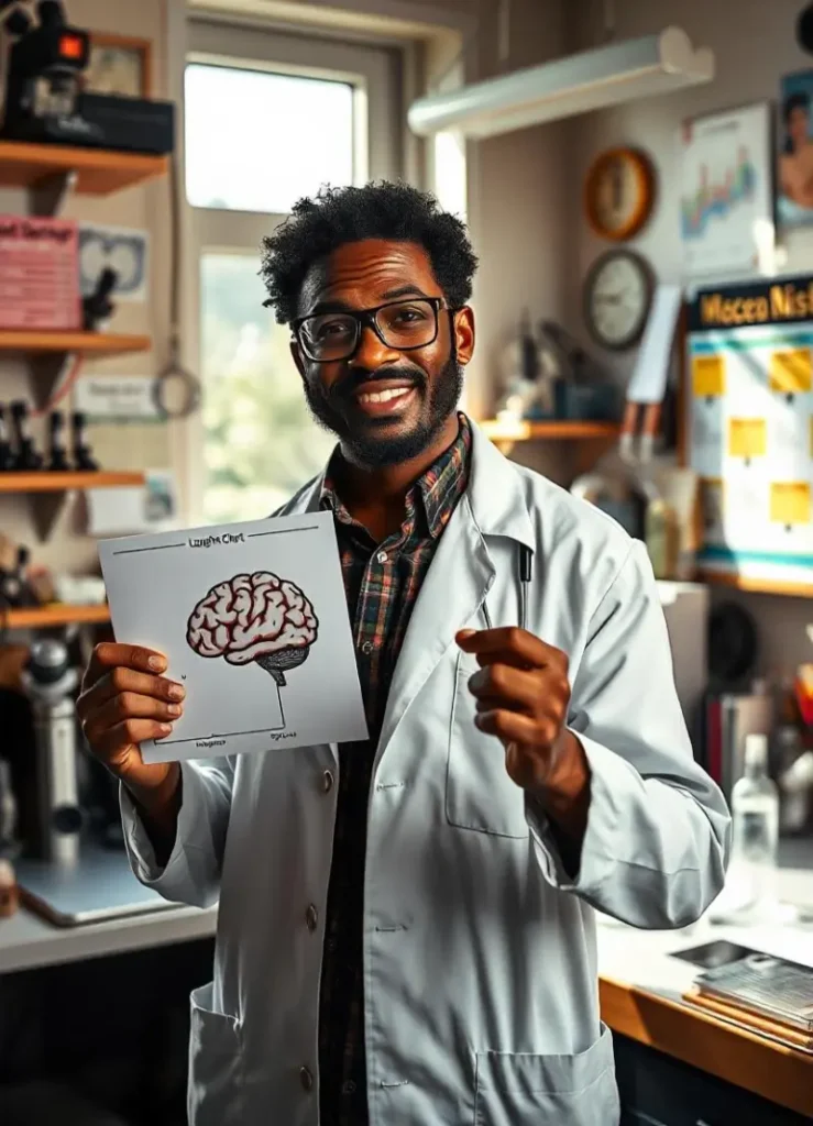 quirky scientist holding a brain illustration