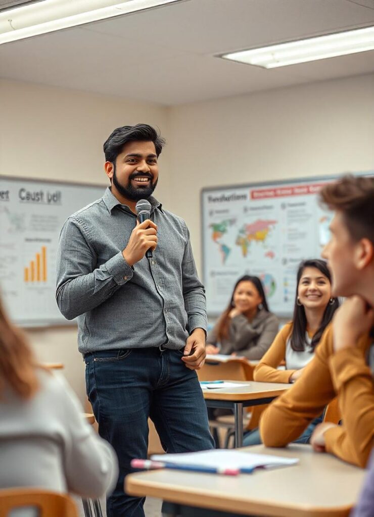 teacher doing stand-up comedy in front of a classroom