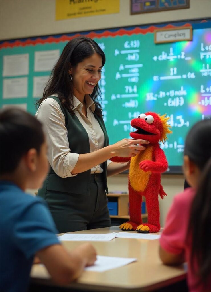  teacher using a puppet to explain mathematical formulas