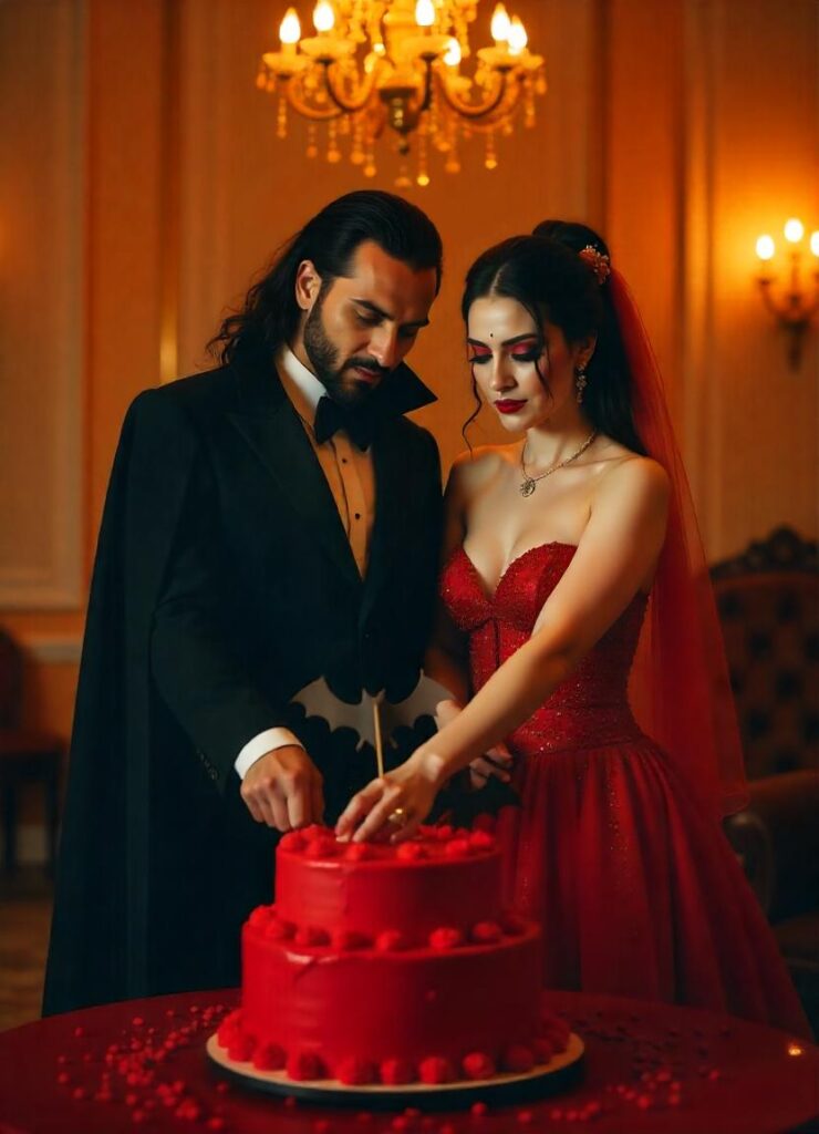 vampire couple cutting a “blood-red” wedding cake