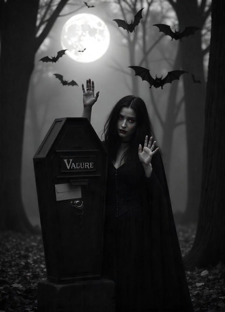 vampire waving from a coffin-shaped mailbox