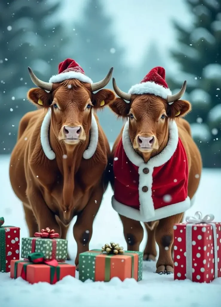 wonderland scene with cows dressed as Santa