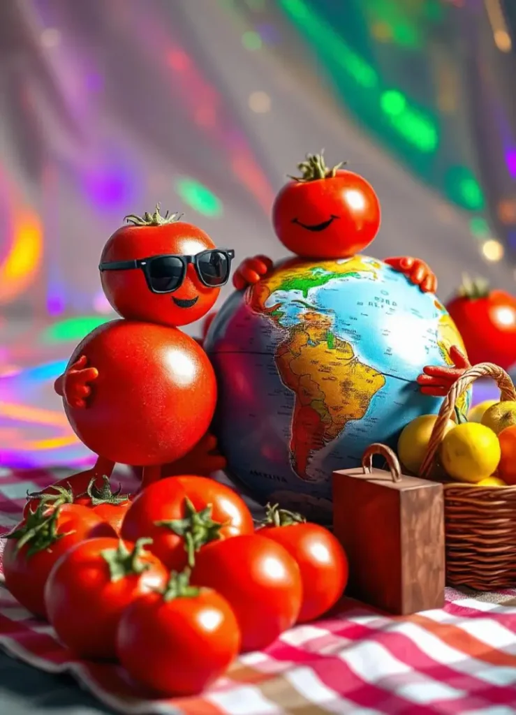  group of tomatoes sitting around a globe