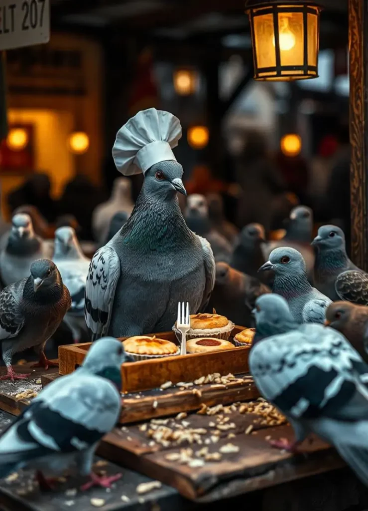 pigeon behind a food stall