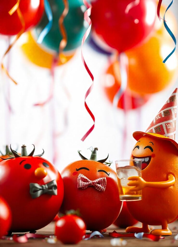 scene of tomatoes attending a party