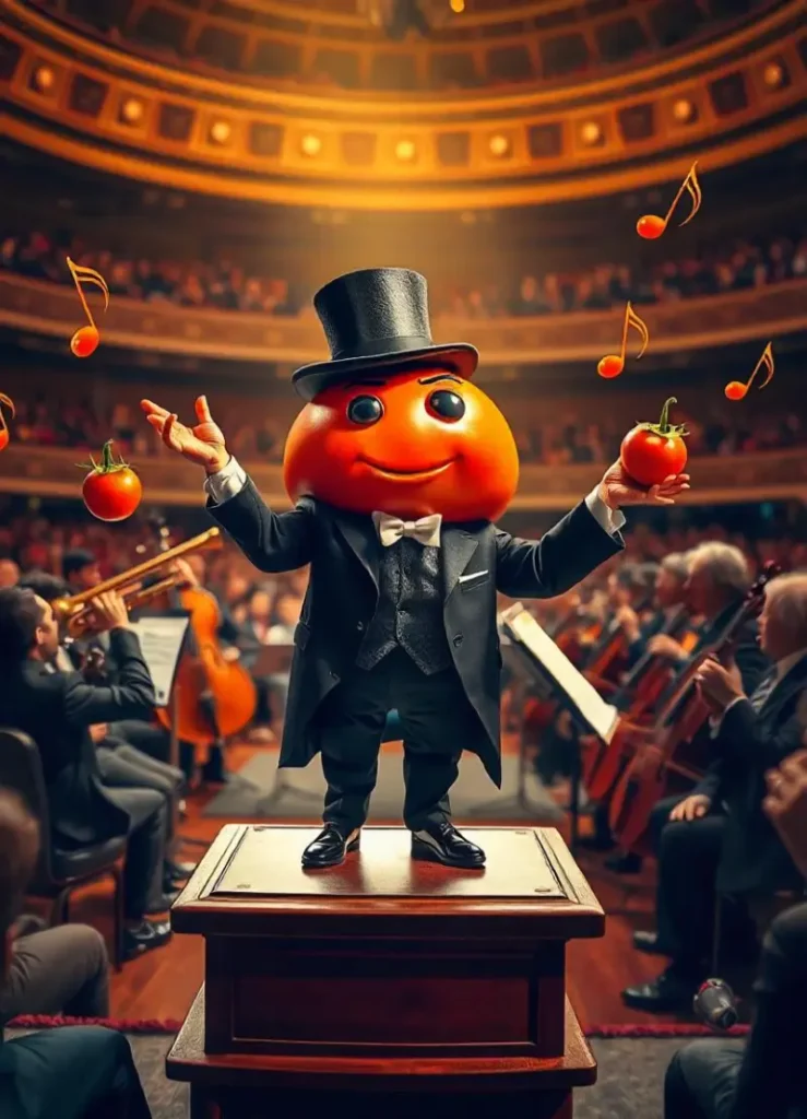 tomato dressed as a maestro